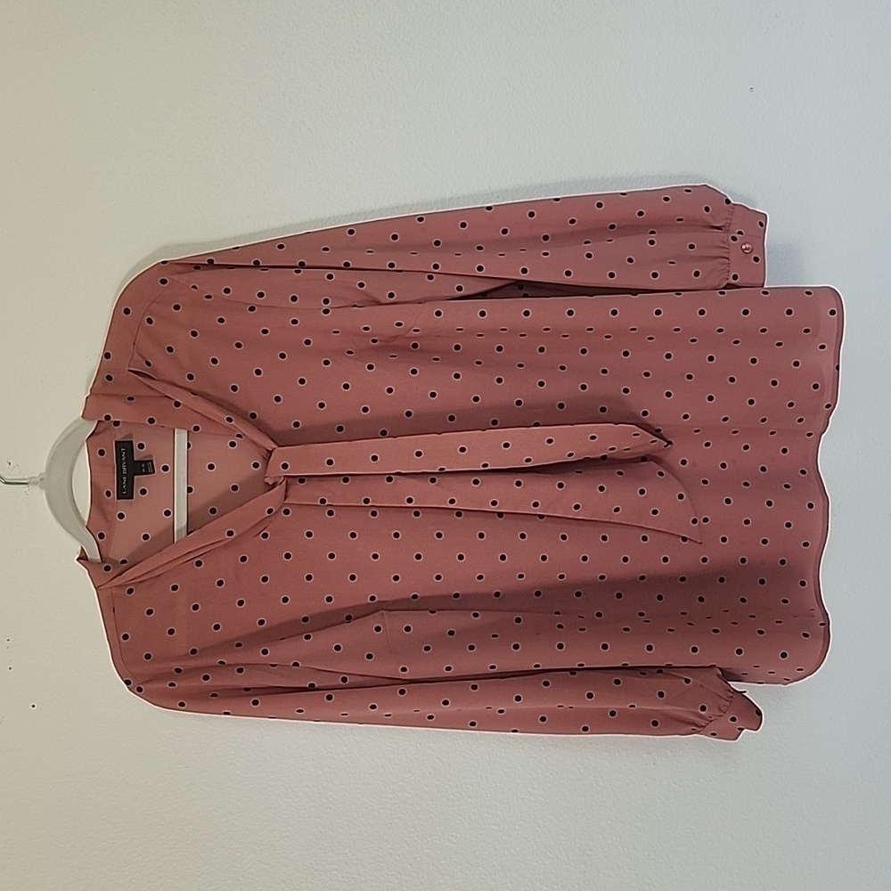 Lane Bryant Pink Polka Dot Tie Neck Blouse Black Dot Long Sleeve Top 14/16 - Picture 3 of 7